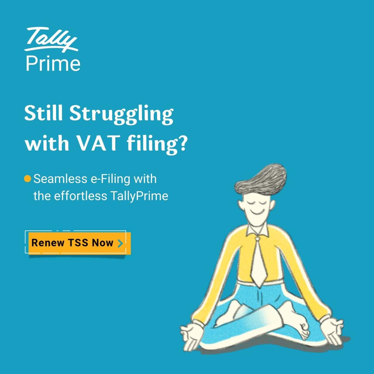 TallyPrime TSS renewal banner showing business user calmly managing VAT filing in UAE